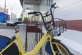 Bikesharing. Bicycles for rent. Bicycle in the bicycle parking near the store. Ecological urban transport Royalty Free Stock Photo