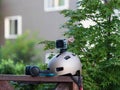 Detail shot with action camera mounted on a sports helmet Royalty Free Stock Photo