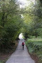Biking in a path between fields and green trees Royalty Free Stock Photo