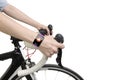 Biking woman hands wearing health sensor smart watch Royalty Free Stock Photo