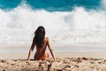 Ocean Waves Contemplation of Young Adult Tourist Woman on Tropical Beach Royalty Free Stock Photo