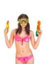 Bikini girl with two water gun Royalty Free Stock Photo