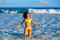 Bikini girl jumping in Caribbean sunset beach Royalty Free Stock Photo