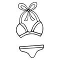 Bikini. Vector illustration.The swimsuit is feminine. Outline on an isolated white background. Sketch.