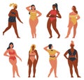 Bikini woman poses set, cartoon happy plus size female characters in swimsuits posing Royalty Free Stock Photo