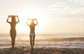 Bikini Women Surfers & Surfboards Sunset Beach Royalty Free Stock Photo