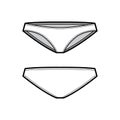 Bikinis technical fashion illustration with elastic waistband, low rise, medium coverage. Flat cheekini panties briefs