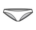 Bikinis technical fashion illustration with elastic waistband, low rise, medium coverage. Flat cheekini panties briefs