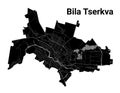 Bila Tserkva city map, Ukraine. Municipal administrative borders, black and white area map with rivers and roads, parks and