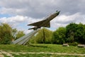 The view on MIG-21 supersonic jet fighter and interceptor aircraft memorial
