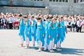 Bila, Ukraine - May 27, 2016: School line is in schoolyard with