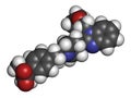 Bilastine antihistamine drug molecule. 3D rendering. Atoms are represented as spheres with conventional color coding: hydrogen .