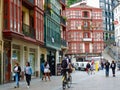 Bilbao, Basque country, Spain - July 6, 2021: colourful facades downtown. Basque cozy streets in the city centre