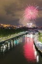 Bilbao at night. Fireworks from the annual city festivities. Royalty Free Stock Photo