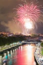 Bilbao at night. Fireworks from the annual city festivities. Royalty Free Stock Photo