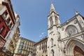 Bilbao old town with cathedral and colorful buildings. Spain