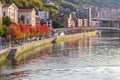 Bilbao scenic cityscape. Bridge over river Nervion in Bilbao. Bilbao landmark, capital of Basque Country, Spain. Colorful autumn. Royalty Free Stock Photo