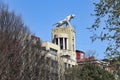 Bilbao, Spain - 22 April, 2022: The Tiger of Deusto, a sculpture by Joaquin Lucarini, sitting on top of a building in the city of