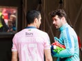 BILBAO, SPAIN - ARPIL 3: Andres Fernandez of Granada CF and Iago Herrerin of Athletic Bilbao, speak after the match in the match