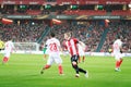 BILBAO, SPAIN - ARPIL 7: Iker Muniain and Coke Andujar in the match between Athletic Bilbao and Sevilla in the UEFA Europa