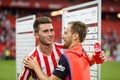 BILBAO, SPAIN - AUGUST 28: Aymeric Laporte, Bilbao player, and Ivan Rakitic, FC Barcelona player, speak after the match between At Royalty Free Stock Photo