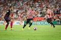 BILBAO, SPAIN - AUGUST 28: Benat Etxebarria, Bilbao player, and Ivan Rakitic, FC Barcelona player, in the match between Athletic B Royalty Free Stock Photo