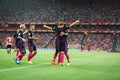 BILBAO, SPAIN - AUGUST 28: Ivan Rakitic, Leo Messi and Denis Suarez celebrating a goal at the Spanish League match match between A