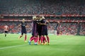 BILBAO, SPAIN - AUGUST 28: Ivan Rakitic, Leo Messi and Sergio Busquets celebrating a goal at the Spanish League match match betwee