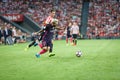 BILBAO, SPAIN - AUGUST 28: Leo Messi, FC Barcelona player, and Aymeric Laporte, Bilbao player, during the match between Athletic B Royalty Free Stock Photo