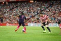 BILBAO, SPAIN - AUGUST 28: Luis Suarez, FC Barcelona player, and Aymeric Laporte, Bilbao player, during the match between Athletic Royalty Free Stock Photo