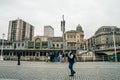 Bilbao, Spain - 28 March 2023 Facade of Bilbao-Abando train station with tourists