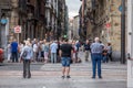 Bilbao, Spain , October 1, 2019 . Big Group Of Tourists Standing And Waiting At A Street of Bilbao