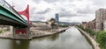 Panoramic exterior view at the Bilbao downtown city, Nervion river and river banks, Salve Bridge, Guggenheim Museum Bilbao and Royalty Free Stock Photo