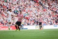 BILBAO, SPAIN - SEPTEMBER 18: Daniel Parejo and Aymeric Laporte, during a Spanish League match between Athletic Bilbao and Valenci Royalty Free Stock Photo