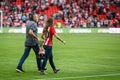 BILBAO, SPAIN - SEPTEMBER 18: Iraia Iturregi, Bilbao female player, with the league cup winner before the match Athletic Bilbao an