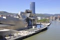 Bilbao, 13th april: Guggenheim Museum Building with Maman Spider Sculpture alongside Nervion River from Bilbao city in Spain