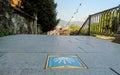 Bilbao: The yellow scallop shell signing the way to santiago de compostela on Northern St. James Way, Spain Royalty Free Stock Photo