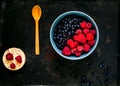 Bilberry and raspberries in blue bowl, the concept of organic berries bowl on vintage rusty metal background.