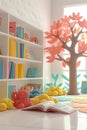 A bilingual reading corner in a school library, children quietly reading books in two different languages