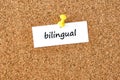 Bilingual. Word written on a piece of paper, cork board background Royalty Free Stock Photo