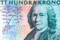 Top view of 100 Swedish Krona Banknote, portrait of Swedish botanist Carl von Linne