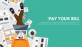 Bill payment design in flat style. Paying bills concept. Man sitting on the floor with lap top and paper bill in his lap. Flat vec