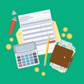 Bill payment or a tax invoice. Open envelope with a check, calculator, purse with money, pencil, marker, gold coins. View from Royalty Free Stock Photo