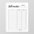 Bill tracker template. Monthly planner. Blank white notebook page isolated on grey. Organizer page. Paper sheet