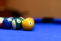 Billard pool game. Billiard balls on blue pool table, Pool game Royalty Free Stock Photo