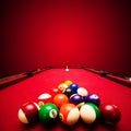 Billards pool game. Color balls in triangle, aiming at cue ball Royalty Free Stock Photo