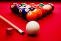 Billards pool game. Cue ball, cue color balls in triangle, chalk Royalty Free Stock Photo