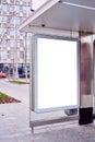 Billboard, advertising city format in Moscow on public bus stop, mockup of a blank white poster. Portrait format. Royalty Free Stock Photo