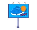 Billboard with blue background showing stylized fish and discount price tag. Sale advertisement and price reduction