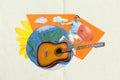 Billboard collage advert globe plasticine young guy jump water gun paper plane carry guitar with rubber circle isolated